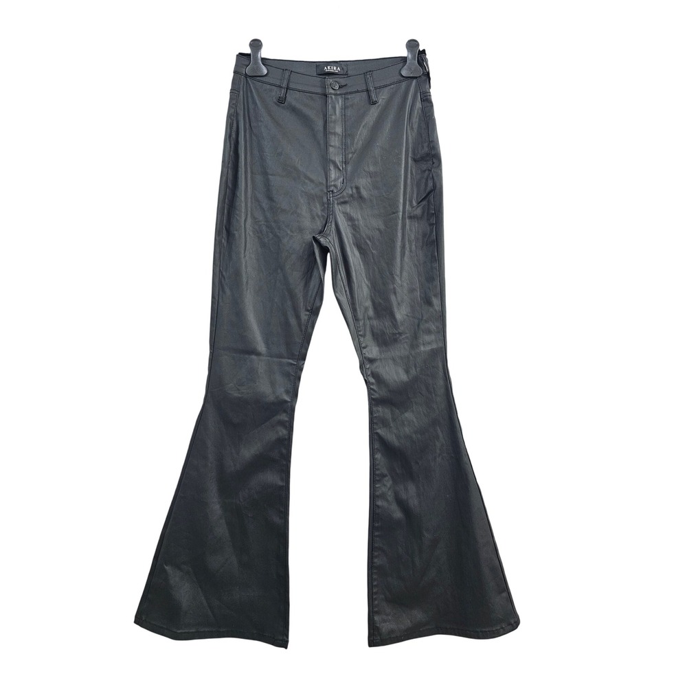Akira On Duty‎ Flare Pants Womens 15 W31 Black Solid Coated Denim High Rise Edgy